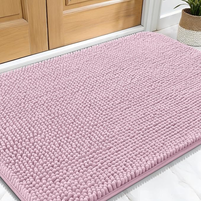 OLANLY Dog Door Mat for Muddy Paws 34x21, Absorbs Moisture and Dirt, Absorbent Non-Slip Washable Doormat, Quick Dry Chenille Mud Mat for Dogs, Entry Indoor Entryway Carpet for Inside Floor, Dusty Rose