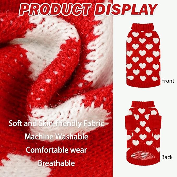 KOOLTAIL Turtleneck Cat Sweater - Soft Knit Christmas Sweater With Heart Love Pattern, Thick Warm Cold Weather Clothes for Small Medium Large Kittens Puppies, Red L