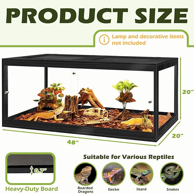 PROLEE Bearded Dragon Tank,81 Gallon Reptile Tank with Meatl Mesh Roof and Front Sliding Door, Anti-Scratch Lizard Tank,Spacious Reptile Enclosure for Snakes,Lguanas, Chameleons (Black)