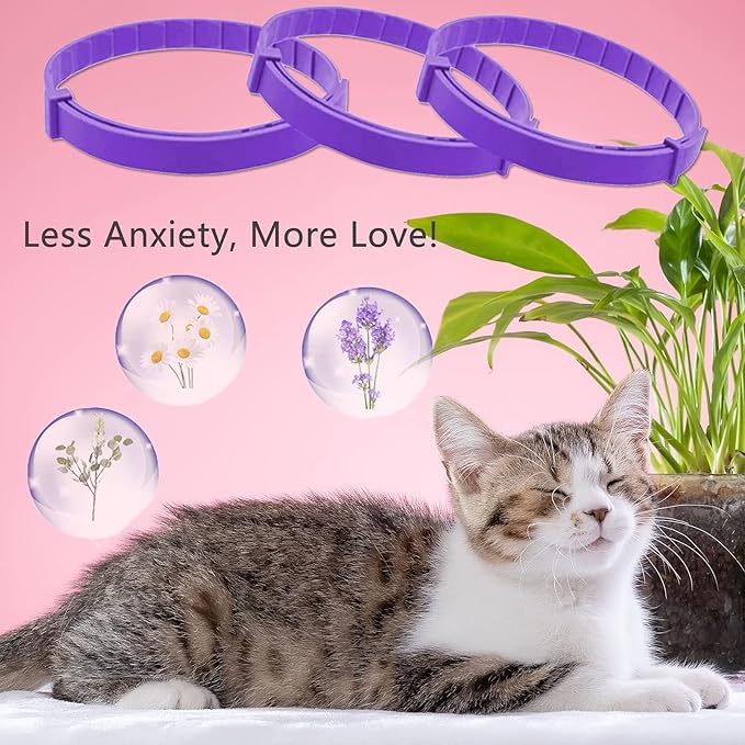 Wustentre 3 Pack Adjustable Anxiety Collar - Cat Calming Pheromones for Cats & Kittens, Stress Reliever - Relaxing Comfortable Collar (Violet)