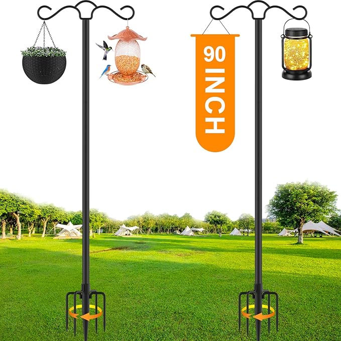 SINLEY Double Shepherds Hook for Outdoor with 5 Prong Base 90 Inch Heavy Duty Two Sided Bird Feeder Pole for Hanging Lantern,Hummingbird Feeder,Lightweight Plant,Shepherds Hook for Bird Feeders