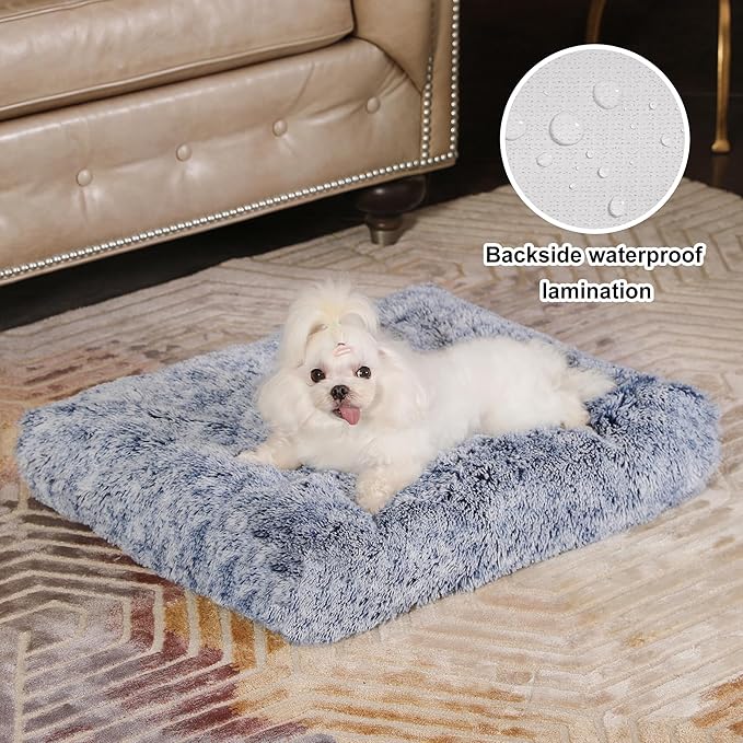 Bedfolks Plush Dog Crate Bed, Washable Cover, Faux Fur Pad, 21"x13", Dark Blue