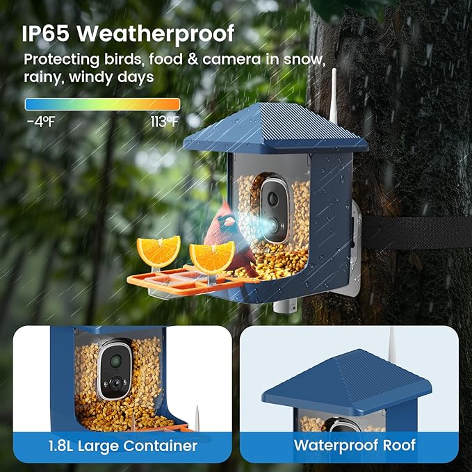Smart Bird Feeder with Camera, Solar Powered Bird Feeders for Outdoors, 1.8L 2K AI Identify 10,000+ Birds Species, Birds Feeder Camera IP65 Instant Notification, Ideal Gift for Avian Lovers
