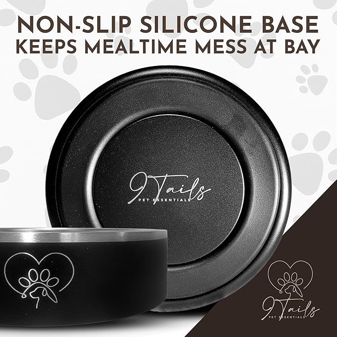 9 Tails Watering Hole- Stainless Steel Dog Bowl, Insulated Dog Bowls, Non Slip, Diswasher Safe, Cats, Dog Food Bowls, Dog Water Bowl, Puppy Dog Bowl for Small Medium Dogs (Black, 18 oz)