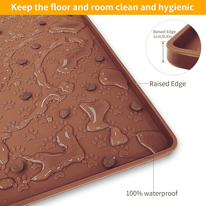 Ptlom Pet Placemat for Dog and Cat, Waterproof Silicone Pet Feeding Bowl Mats for Food and Water, Small Medium Large Dogs Mat Prevent Residues from Spilling to Floor, Brown, 24.5" 16.5"