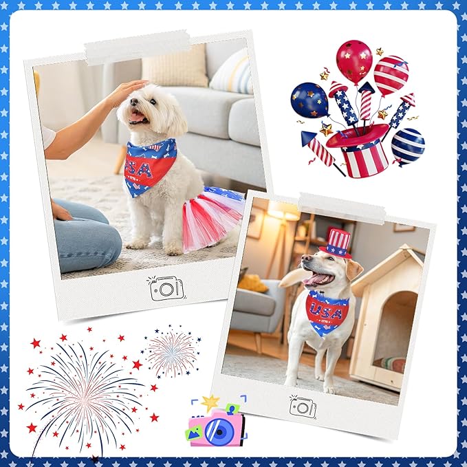 SCENEREAL 4th of July Dog Bandana Dress with Hat Set, Independence Dog Costume for Small Sized Dogs, Cute Tutu Skirt Outfit for Party