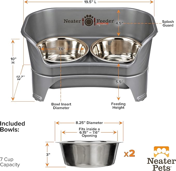 Neater Feeder Express Mess Proof Dog Bowls Elevated for Medium to Large Sized Breed, No Spill Raised Dog Food Bowl Stand, Stainless Steel Food and Water Bowl Set, Pet Dish Feeding Station, Grey