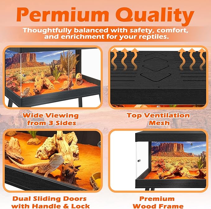 Royxen Bearded Dragon Tank with Metal Mesh Top and Leg Stand,Tempered Glass Reptile Tank,Reptile Enclosure,Lizard Tank for Chameleon,Snake,Lizard Habitat(24inch,Black)