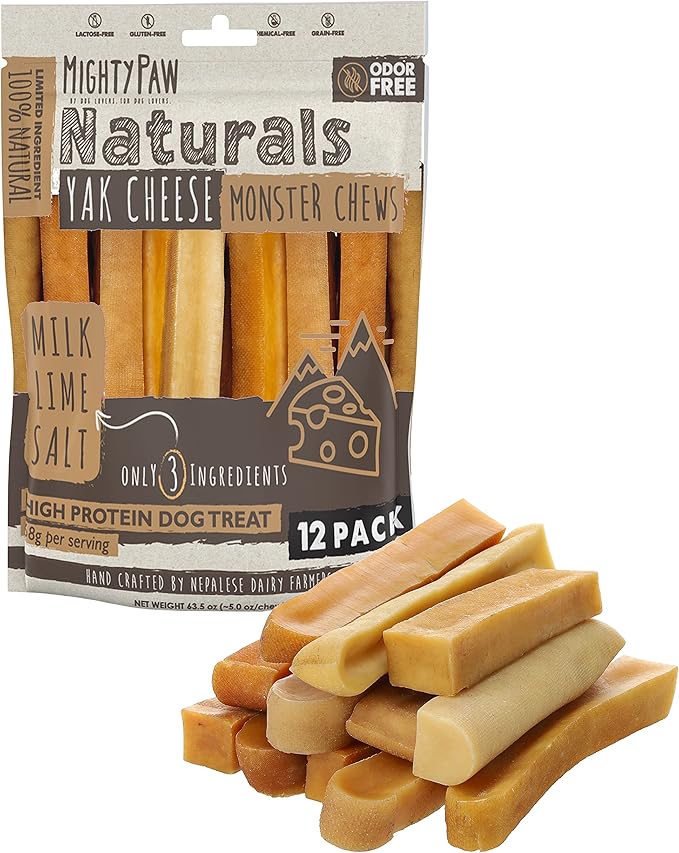 Mighty Paw Yak Cheese Dog Chews - All-Natural Treats for Dogs, High Protein Treat with 68 Grams of Protein Per Chew, Delicious and Long Lasting, Odor Free with Limited Ingredients, Monster, 12 Pack