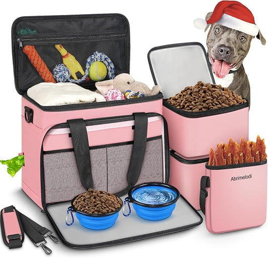 6 Set Dog Travel Bag, Large Pet Supplies for Dogs, Includes 2 Collapsible Dog Bowls, 2 Food Containers, 1 Treat Pouch with Pet Travel Bag, Pink