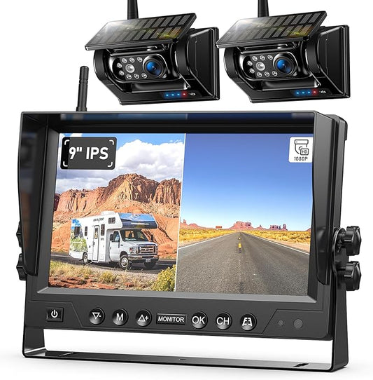 2 Magnetic Solar Wireless Backup Camera HD 1080P 9" DVR Monitor, Solar Rechargeable RV Backup Cameras Wireless System for Hitching Gooseneck Horse Trailer Fifth Wheels RVs Trucks BL902