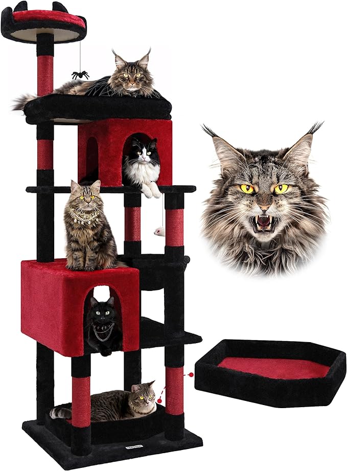 Globlazer Heavy Duty Gothic Cat Tree, 72in Large Cat Tower with Coffin Bed, Sturdy Maine Coon Cat Tree for Large Cats 20 lbs+, Medieval Castle Style with 6 Scratching Posts & Hammock, S72, Black & Red