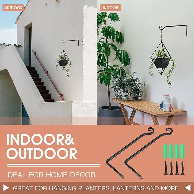 Jardim 2 Pack 10 Inch Premium Decorative Metal Iron Wall Hangers for Home Decor, Indoor Outdoor Plant Bracket Rustic Hanging Gardening Hooks for Planters, Bird Feeders, Lanterns, Wind Chimes (Black)