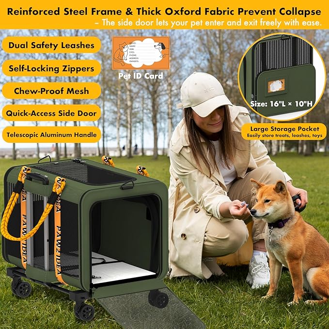 PAWZIDEA Expandable Large Pet Carrier with Wheels, 24x16x16 in Rolling Cat Carrier for 2–4 Cats up 55lb, Soft-Sided Collapsible Small Medium Dog Crate for Car Travel, Telescopic Handle, Storage Pocket