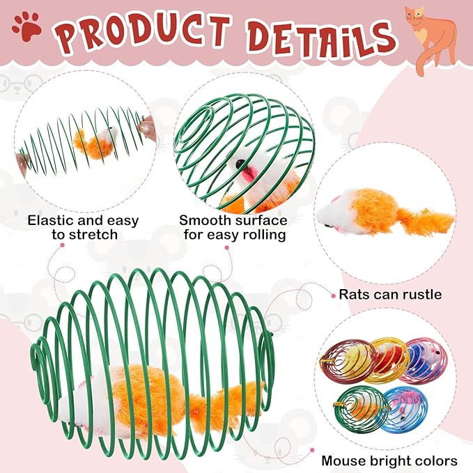 Jecery 5 Pcs Halloween Cat Spring Balls Toys Stretchable Rolling Balls Colorful Playful Coils Interactive Spring Action Toy Caged Rats for Kitten Cat Pet Supplies(Mouse,Bright Color,5 Pcs)