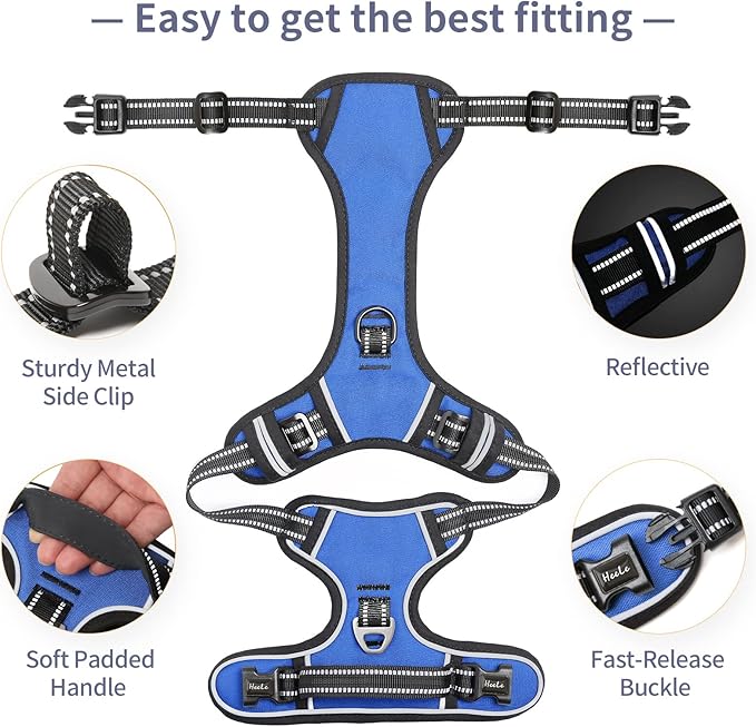 HEELE Dog Harness, No Pull Adjustable Padded Reflective Harness for Small Medium Large Dogs with Handle for Walking Training, Blue, M