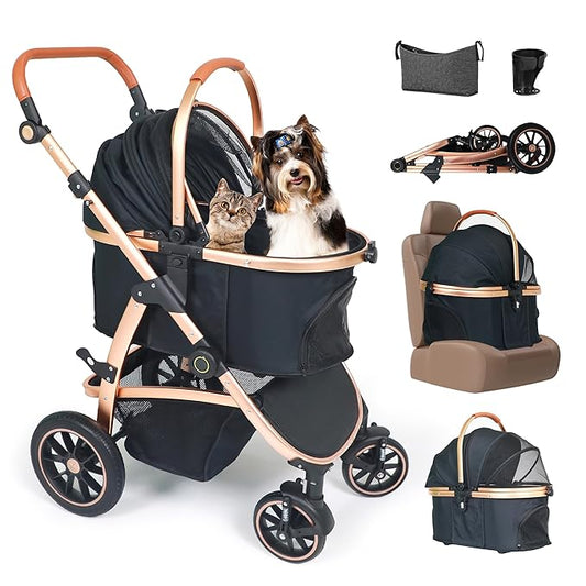 3 in 1 Pet Stroller - Stroller for Small to Medium Dogs and Cats up to 55 lbs, with Detachable Carrier/Car Seat, Foldable and Lightweight, Detachable Cushion + Cup Holder (Black/Gold)