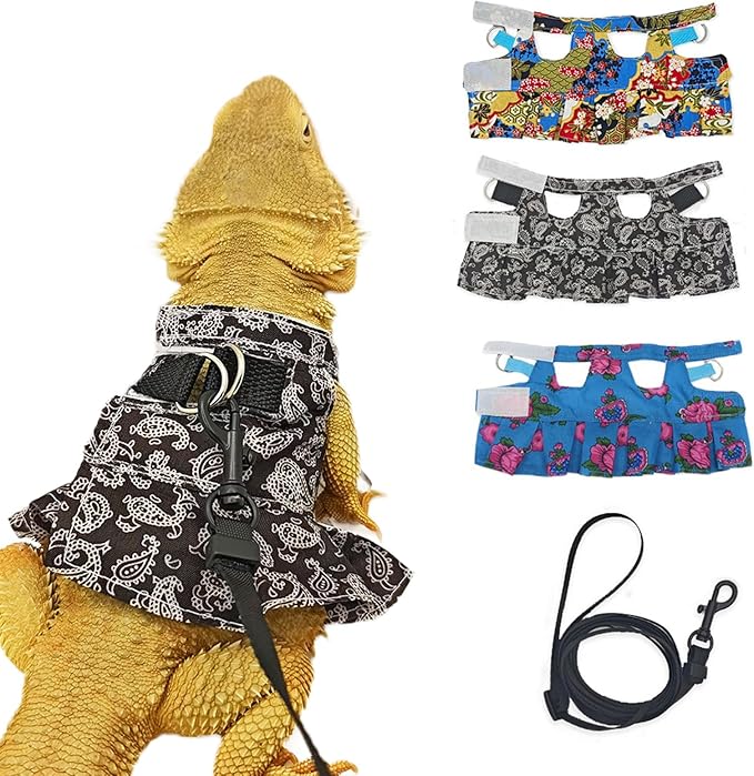 Lizard Harness Dress and Leash, Adjustable Hamster Ferret Harness and Leash Set, No-Pull Walking Vest for Lizard Small Animal Gecko Chameleon (Black M