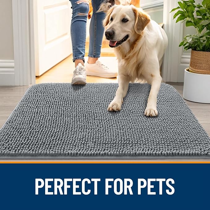 OLANLY Dog Door Mat for Muddy Paws 54x24, Absorbs Moisture and Dirt, Absorbent Non-Slip Washable Doormat, Quick Dry Chenille Mud Mat for Dogs, Entry Indoor Entryway Carpet for Inside Floor, Grey