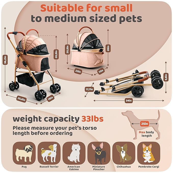 Pet Stroller for Small Medium Dogs & Cats – 2-in-1 Detachable Carrier, Zipperless Entry, Lightweight Folding Travel Stroller with Storage Basket, Cup Holder, Brown