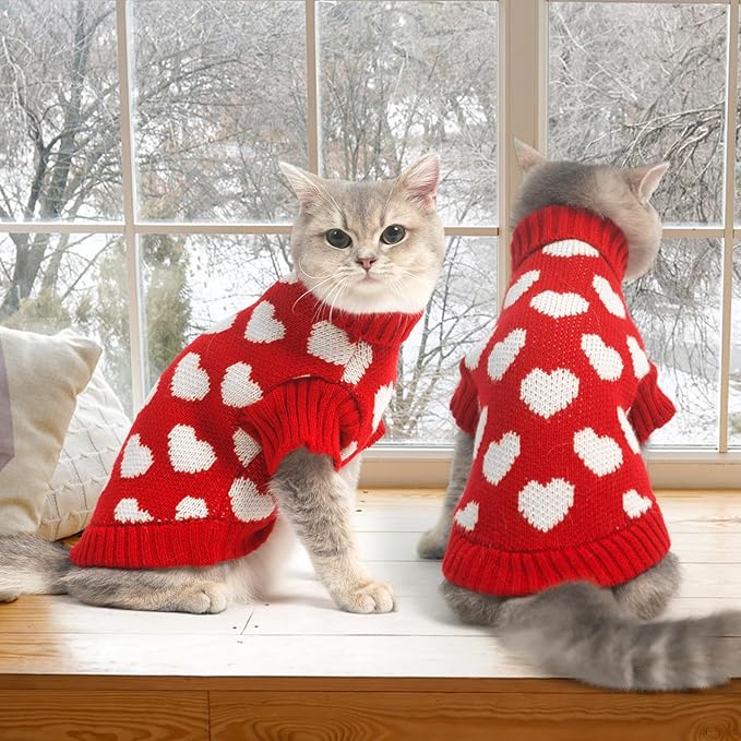 KOOLTAIL Cat Sweater Turtleneck - Soft Knit Cat Christmas Sweater, Heart Love Pattern Thick Warm Cold Weather Clothes for Small, Medium, Large Size Kitten, Puppy, Girls Red