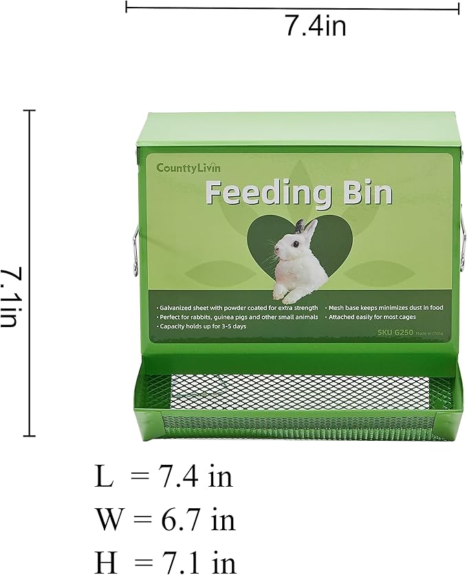 Metal Small Animal Feeder with Lid, Heavy Duty, Large Capacity Food Dispenser, Great for Rabbits, Guinea Pigs, Chinchillas and Other Small Animals (7.4 inch, Green)