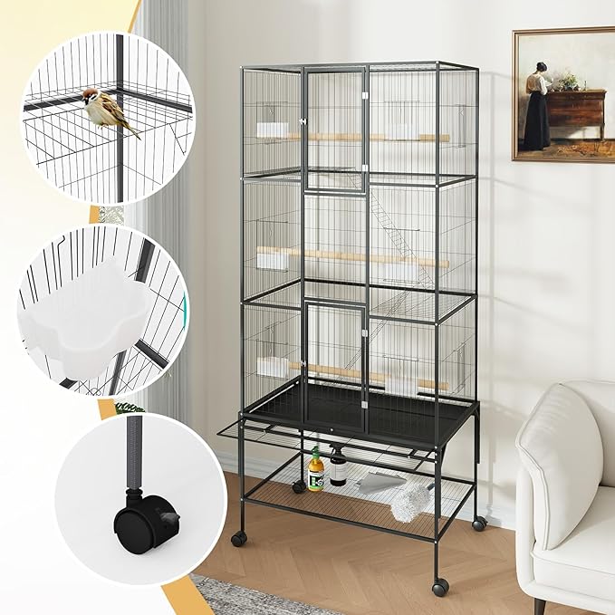 69 Inch Extra Large Bird Cage Wrought Iron Parrot Cage with Storage Shelf for Mid-Sized Parrots Cockatiels Conures Parakeets Lovebirds Budgie Finch