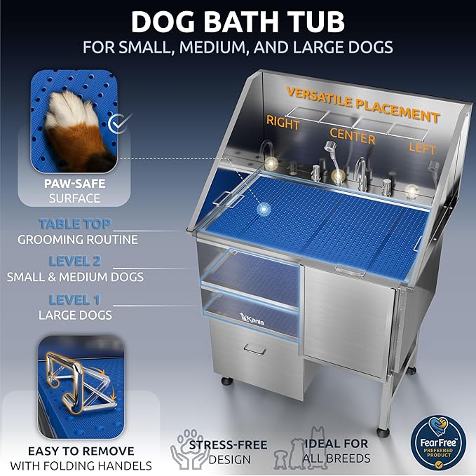 KANIS Professional Dog Washing Station - 304 Stainless Steel Pet Wash Sink & Grooming Bath Tub for Home with Ramp, Shower, Floor Grate, Storage Drawer, Faucet, Drain Kit for Large, Medium & Small Pets