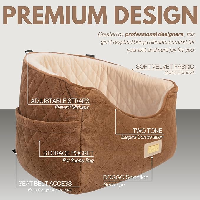 Premium 2-in-1 Dog Car Seat & Home Bed for Small Dogs – Premium Travel Pet Bed with Safety Straps, Stylish Design, Soft Plush Cushion & Secure Portable Comfort – Under 30lbs (Brown)