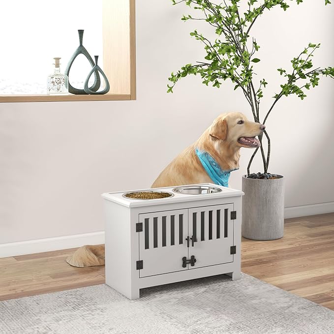 PawHut Large Elevated Dog Bowls with Storage Cabinet - 37L Capacity, Raised Dog Bowl Stand Feeding Station, White