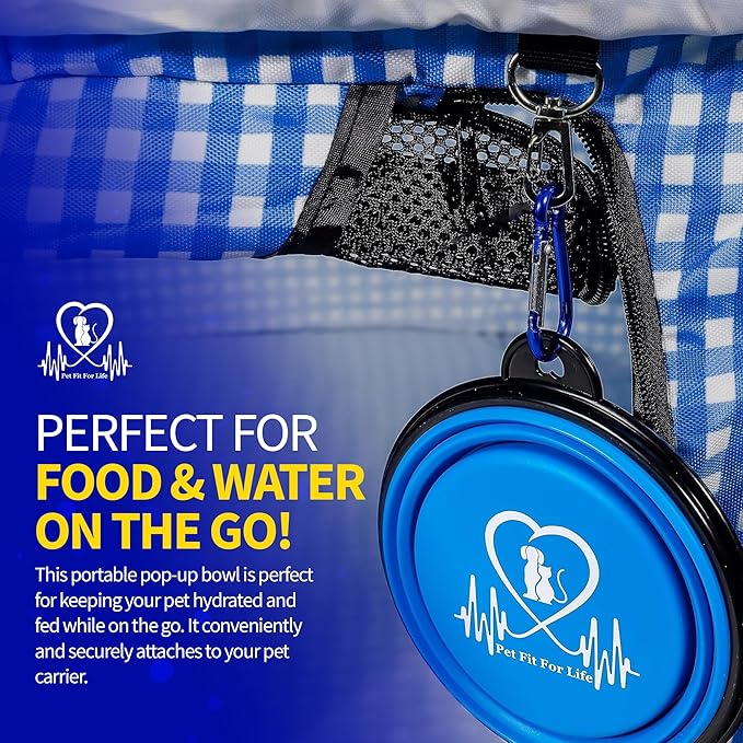 Pet Fit For Life Extra Large Cat Carrier for Travel - Foldable & Portable Collapsible Kennel with Litter Box, Feather Toy & Water/Food Bowl - Ideal for Cars, Long Trips & Indoor Cats - Blue Checkers