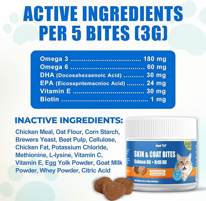 Just Try 300 Bites Skin and Coat Bites Omega 3 for Cats Salmon Oil - Supports Healthy Skin, cat Itchy Skin Relief - Health Supplements Vitamins for Indoor Cats - 6.35 oz
