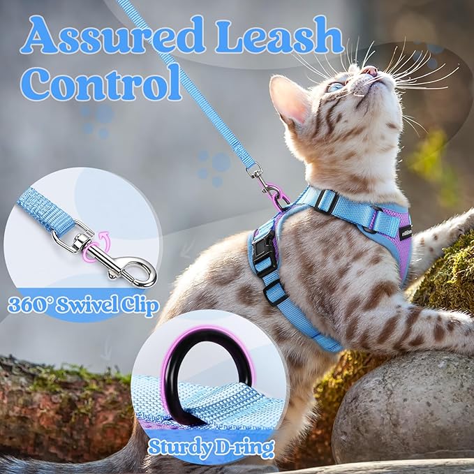 rabbitgoo Cat Harness and Leash Set, Escape Proof Soft Adjustable Vest Harnesses for Outdoor Walking, Easy Control Breathable Kitten Jacket with Reflective Strips, Purple & Blue, XS