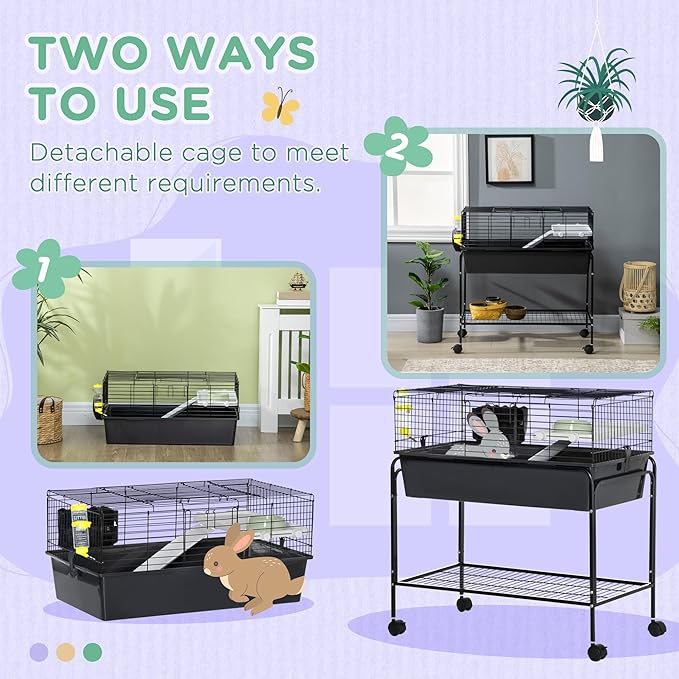 PawHut Two-Story Small Animal Cage Removable from Stand, Guinea Pig Cage with Shelf & Wheels, Pet Habitat for Hedgehog, Chinchilla, Ferret, 33" x 18.5" x 35", Black