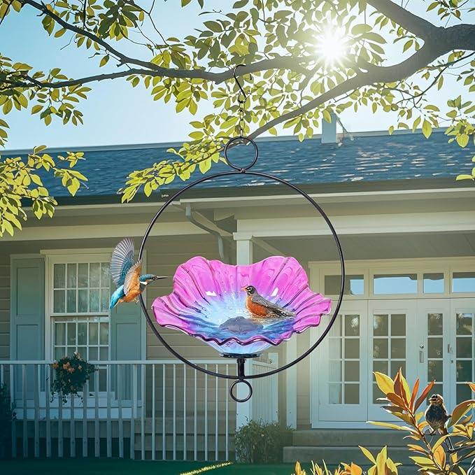 MUMTOP Hanging Bird Bath-Bird Baths for Outdoors - Flower Glass Bird Water Bowl with Hanging Circle, Bird Feeders for Outside, Garden, Lawn Yard Decor（Pink）