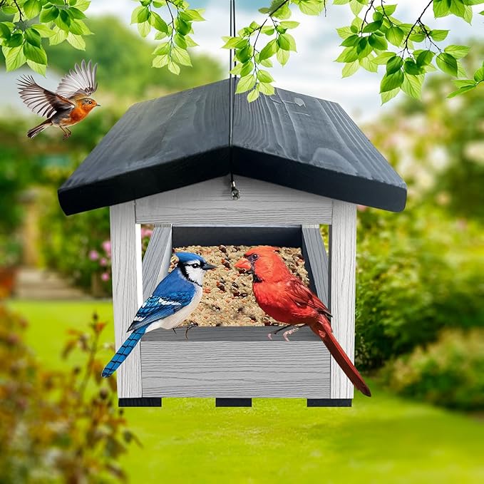 Wooden Hanging Bird Feeder Tray – Outdoor Platform Feeder for Cardinals, Squirrels, and Small Birds – Bird House Style for Backyard Garden (Grey)
