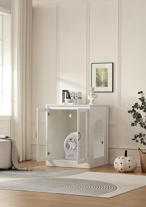 Cat Litter Robot Enclosure with Cat-Observant Glass Doors,Litter Robot Cabinet with Cozy LED for Cats,Reversible and Optional Entry(Left or Right),Power Outlet for More Choice, (White)