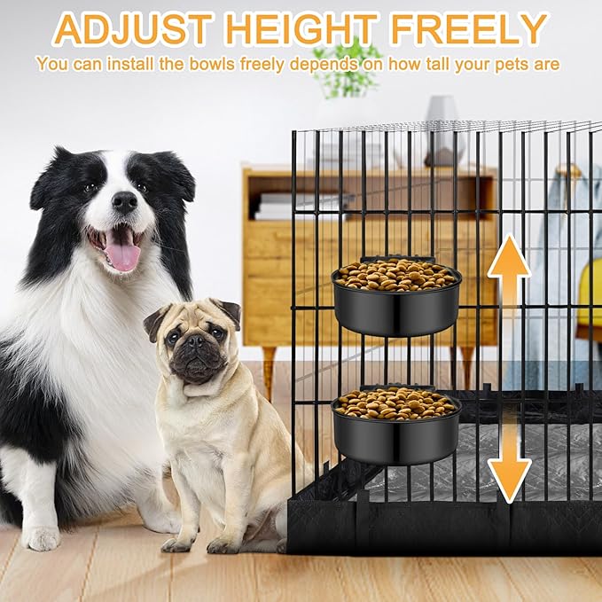 Dog Crate Bowls Hanging No Spill, ShineMe 60oz & 40oz Stainless Steel Dog Kennel Food and Water Bowls Mountable for Large and Medium Pets (7.0 x 3.7” & 6.2 x 2.5”)