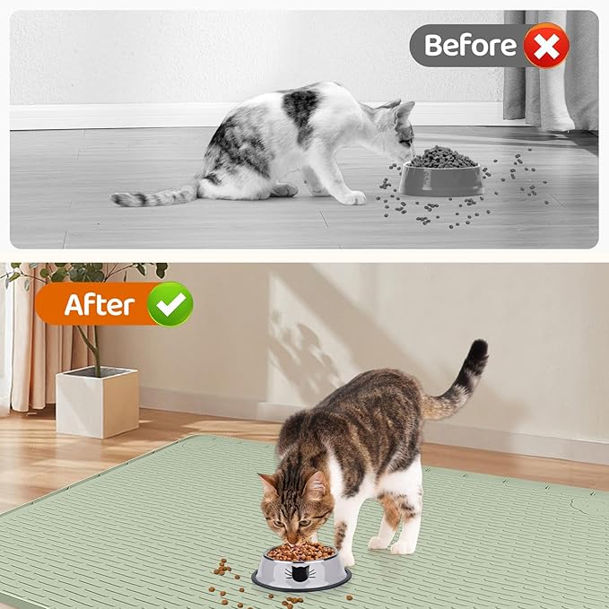 Cat Food Mat, 34" x 22" Large Silicone Pet Feeding Mat for Food and Water Bowls Non-Slip, Easy to Clean (Light Green)