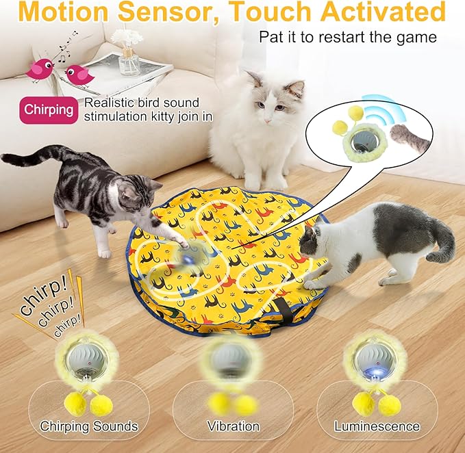 Interactive Cat Toys for Indoor Cats, Automatic Motion Cat Toy in Pouch Fast Rolling Ball in Play Mat Hide and Seek Mouse Catching Game with Chirping Stimulation,Led Light,Auto On/Off(Yellow)