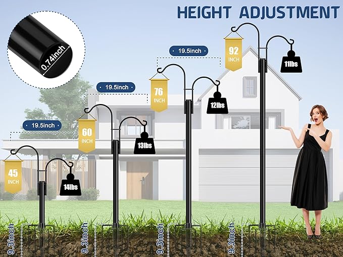 Ottsuls Bird Feeder Pole, 2 Pack 92 INCH Double Shepherds Hooks for Outdoor, Garden Pole with 5 Base Prongs Heavy Duty Planter Hooks for Hanging Plant Baskets, Lantern, Hummingbird Feeder