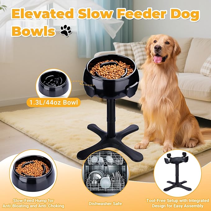 Elevated Slow Feeder Dog Bowl Adjustable Stand,Tilted ABS Base,Fits 5.5-9.5" Bowls, Anti-Spill & Non-Slip, Heavy Duty for Med/Large Dogs(with Round Bowls)