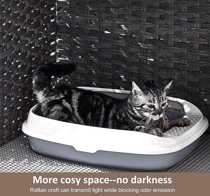 Cat Litter Box Enclosure with Soft Litter Mat; Hidden Kitten Washroom Furniture with Door; Handwoven Rattan Cat House with Large Space; Pet Crate for Living Room, Bedroom, Balcony (Grey)
