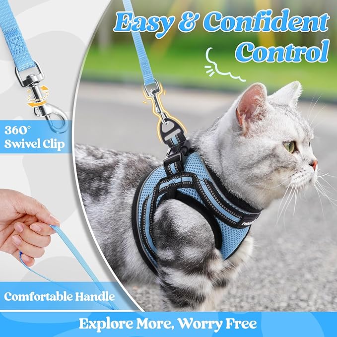 rabbitgoo Cat Harness and Leash Set for Walking Escape Proof, Adjustable Soft Kittens Vest with Reflective Strip for Cats, Comfortable Outdoor Vest, Light Blue, XL