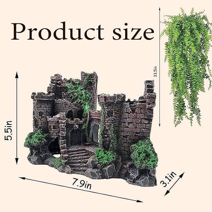 5 PCS Tank Accessories for Bearded Dragon Include Resin Classical Castle Reptile Climb Habitat Decor Hanging Jungle Vines Flexible Leaves Climbing Decor for Lizard Gecko Chameleon Spider