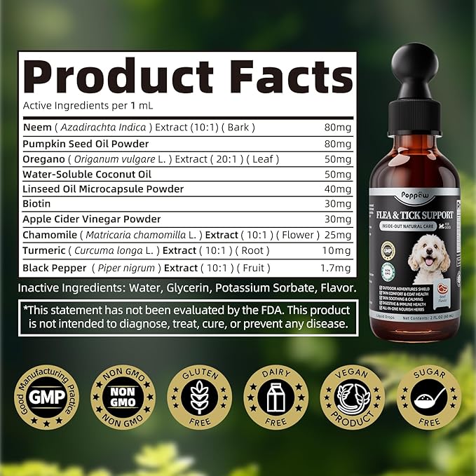 Dog Flea and Tick Support, Natural Herbal Flea & Tick Comfort for Dogs, Flea Liquid Drops Supplement for Dogs with Neem, Oregano, Pumpkin Seed Oil - Beef Flavor, 2 FL.Oz - All Breeds & Sizes