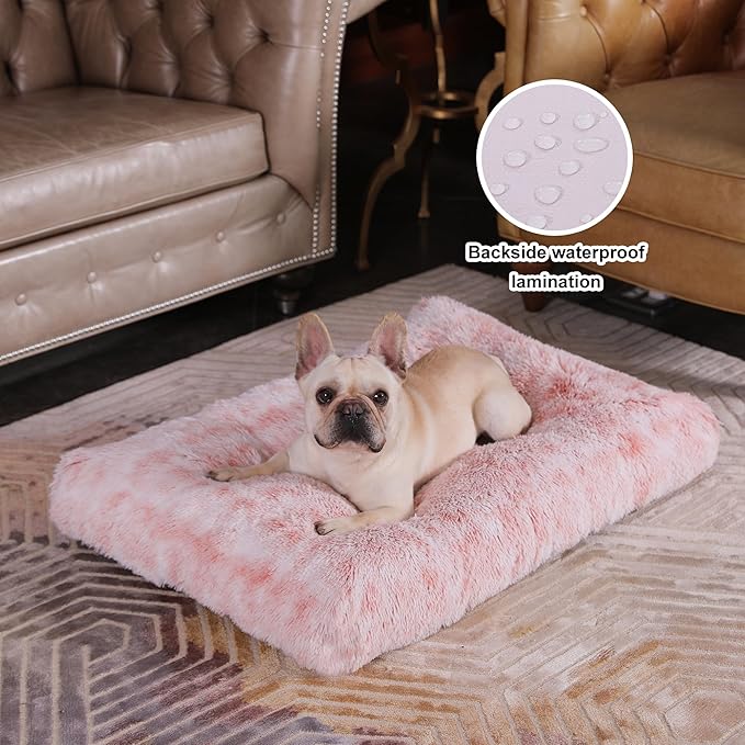 Bedfolks Waterproof Crate Bed for Dogs, Plush Kennel Pad with Removable Washable Cover, Faux Fur, Large (35"x23"), Pink