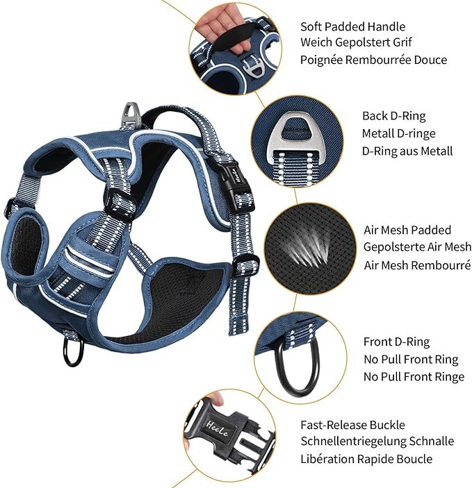 HEELE Dog Harness for Large Dogs No Pull Dog Vest Harness for Large Dog with Soft Padded Handle Reflective for Outdoor Training, Royal Blue, L