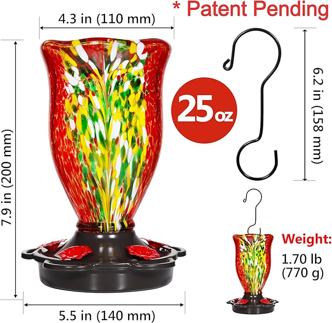 LUJII Hummingbird Feeders for Outdoors, Blown Glass Hummingbird Feeder for Outside Hanging with Ant Moat, Leak Proof & Anti Rust Metal Base, 25 fl.oz Capacity, Gifts for Bird Lovers or Gardeners, Red