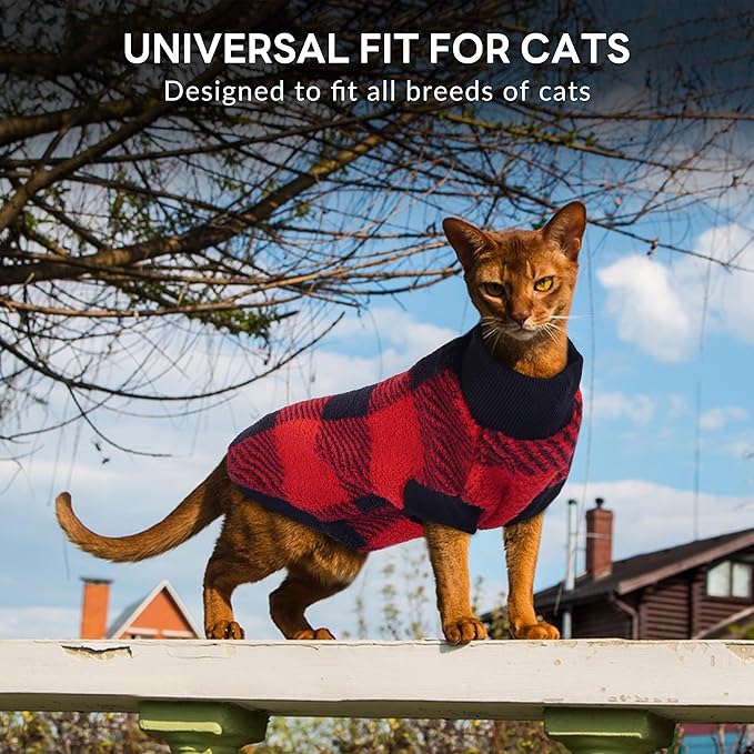 PUMYPOREITY Winter Warm Cat Sweater - Super Soft & Elastic Knit with Plush Fleece, Easy-On Design with Ribbed Neck & Cuffs, Stretchy Cat Outfit for Indoor/Outdoor Use,Red, S